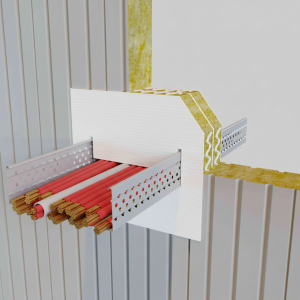 Panel flexible cortafuegos para bandeja portacables en muro resistente al fuego