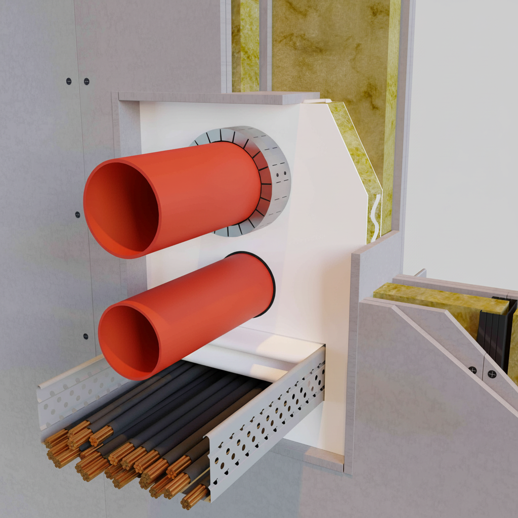 Panel flexible cortafuegos para sellado de tuberías y cables en muro resistente al fuego